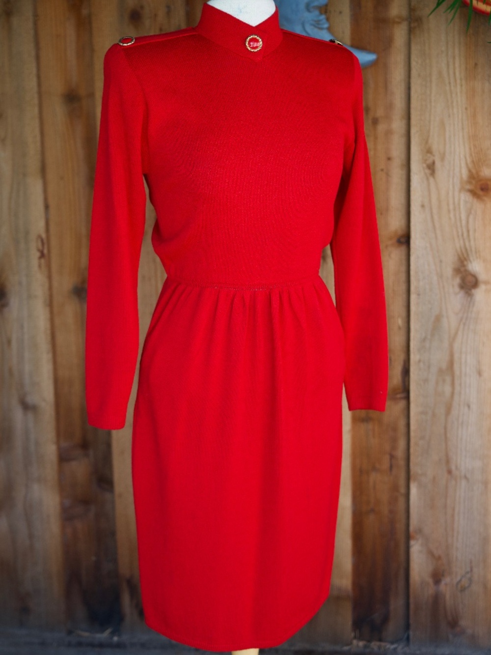 Vintage St. John Marie Gray Red Knit Long Sleeve Midi Dress Made In USA Woman's